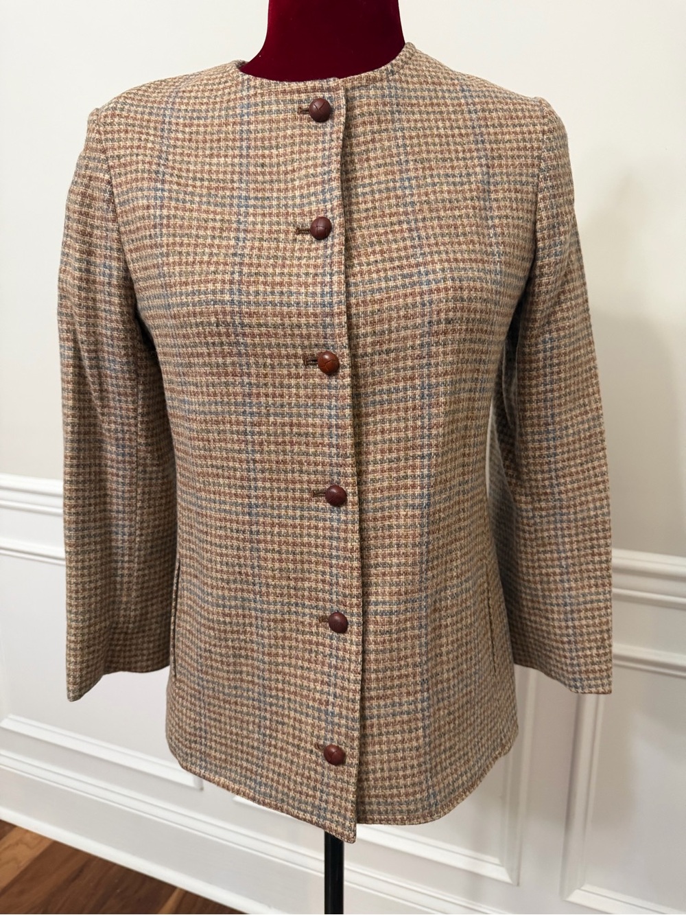 Vintage Equations 100% Pure Wool Blazer Jacket Sz 6 Brown Blue‎ Plaid Check READ